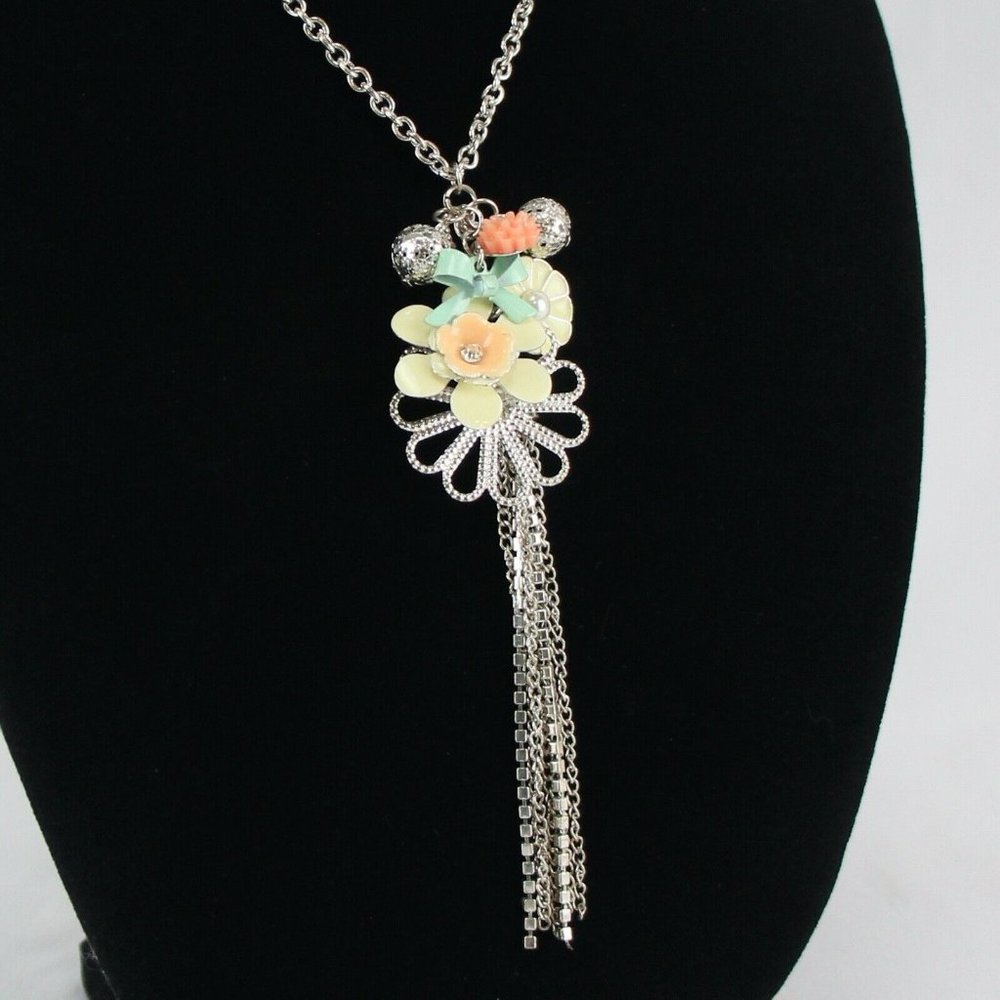Mudd Necklace Silver-Tone 36" with Enamel Flower Tassel